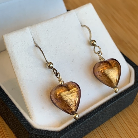 Barmakian Vintage Gold Tone Foil Murano Venetian Glass Heart Dangle Earrings Box - Picture 11 of 11